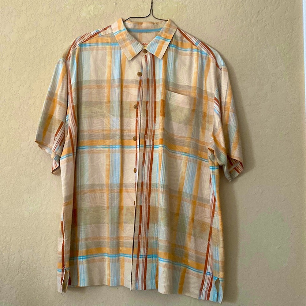 Tommy Bahama silk men’s button down shirt.